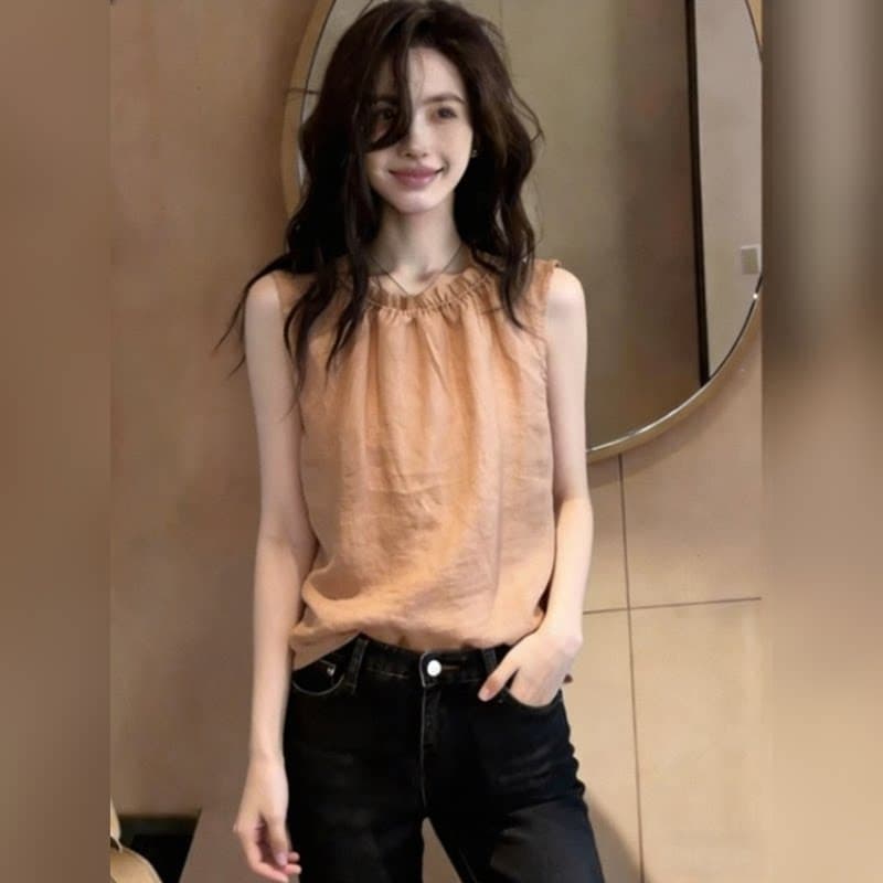 여름 통기성 출퇴근 슬림해 보이는 다용도 맨위 조끼 디스플레이 화이트 따뜻한 주황색 프릴 민소매 여성 셔츠 상세 이미지 3