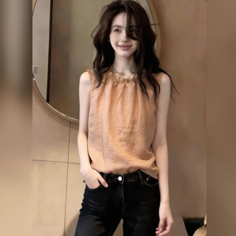 여름 통기성 출퇴근 슬림해 보이는 다용도 맨위 조끼 디스플레이 화이트 따뜻한 주황색 프릴 민소매 여성 셔츠 상세 이미지 4