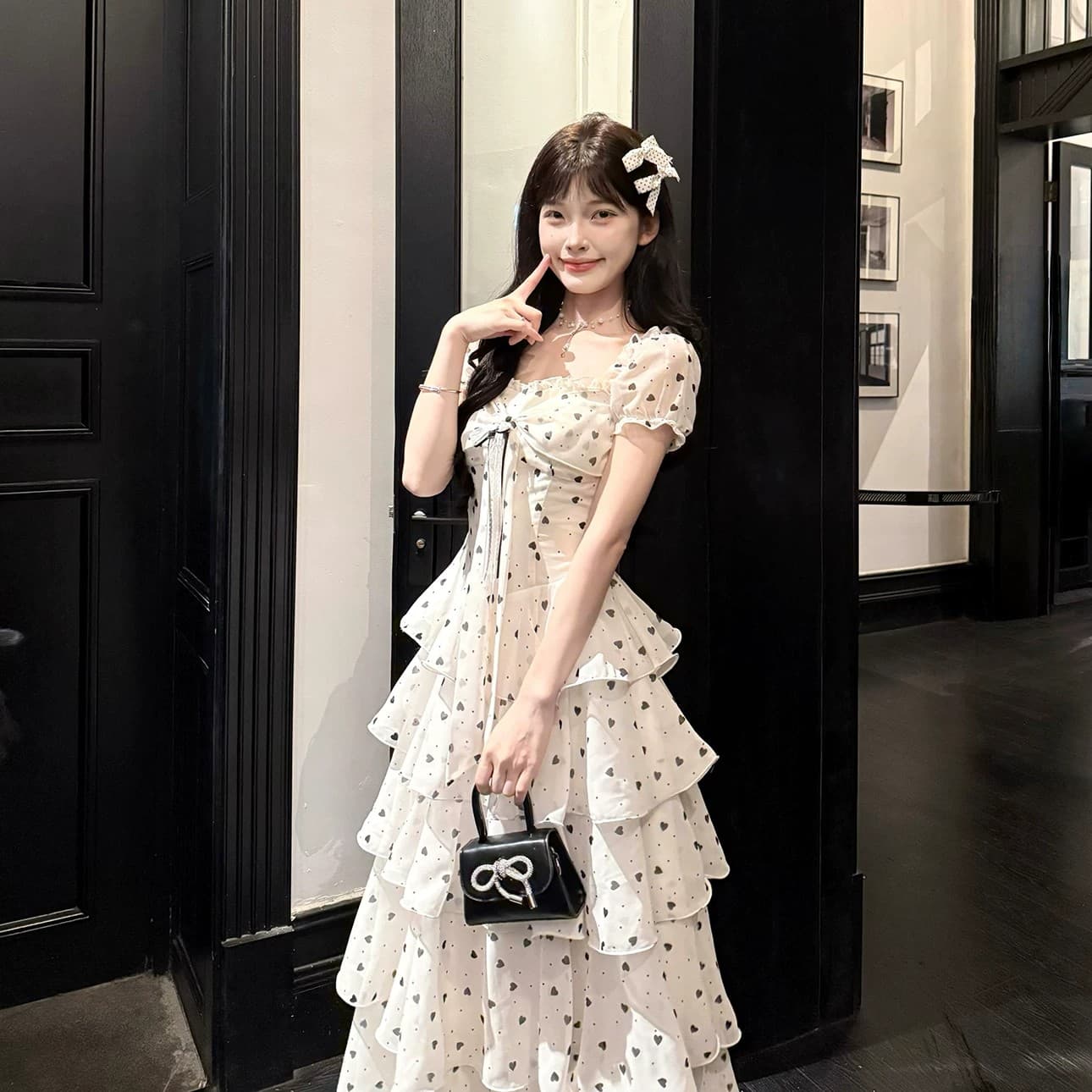 캄파넬라 세과 house 구름 멜라루카 프랑스식 광장 칼라 하트 도트 무늬 여성 드레스 여름 허리 수축 슬림해 보이는 케이크 롱 스커트 이미지 2