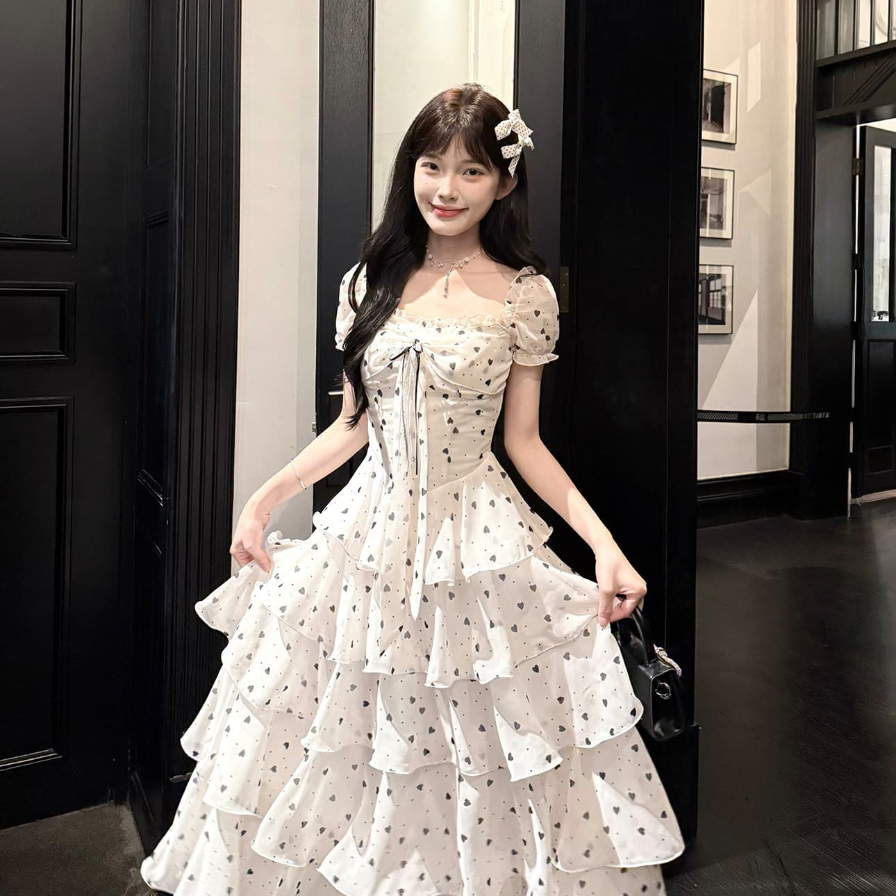 캄파넬라 세과 house 구름 멜라루카 프랑스식 광장 칼라 하트 도트 무늬 여성 드레스 여름 허리 수축 슬림해 보이는 케이크 롱 스커트
