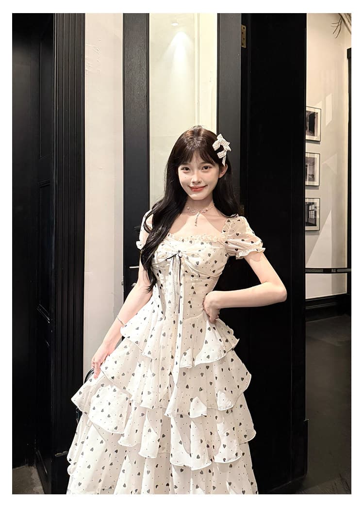 캄파넬라 세과 house 구름 멜라루카 프랑스식 광장 칼라 하트 도트 무늬 여성 드레스 여름 허리 수축 슬림해 보이는 케이크 롱 스커트 상세 이미지 10