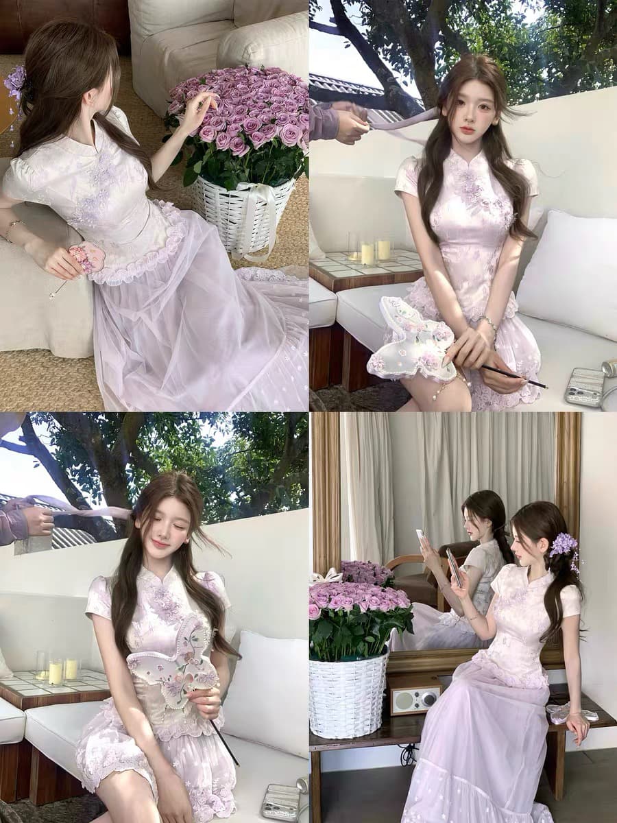 q 여자 집 5 27 보라색 꽃 편지 더블 버전 새로운 중식 국풍 3 차원 꽃 자수 치파오 거즈 스커트 세트 상세 이미지 3