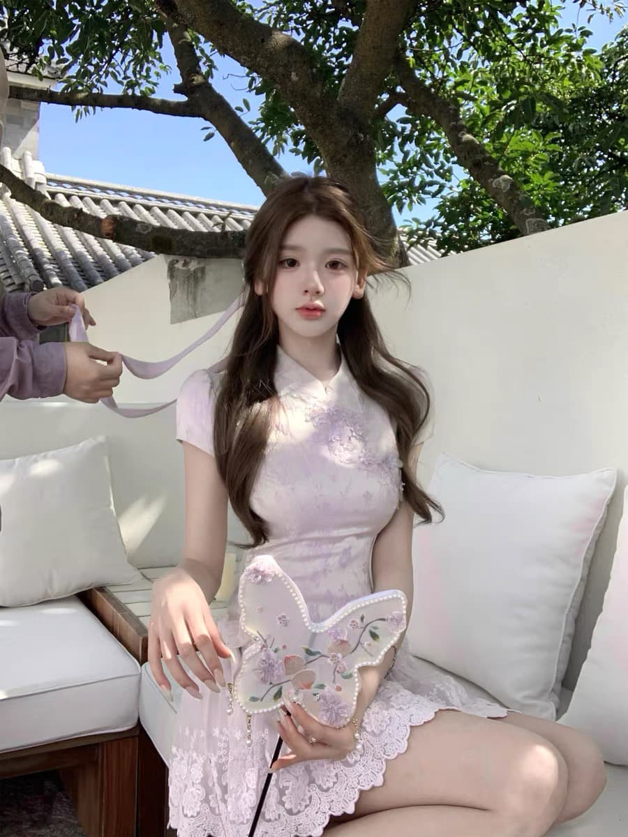 q 여자 집 5 27 보라색 꽃 편지 더블 버전 새로운 중식 국풍 3 차원 꽃 자수 치파오 거즈 스커트 세트 상세 이미지 4