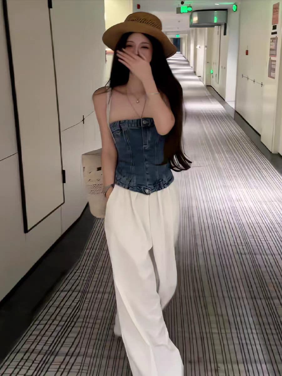 넓은 계속됨 핫걸 순수한 욕망 튜브탑 데님 캐미솔 여름 새로운 몸매 가꾸기 맨위 느긋한 캐주얼 바지 화이트 바지