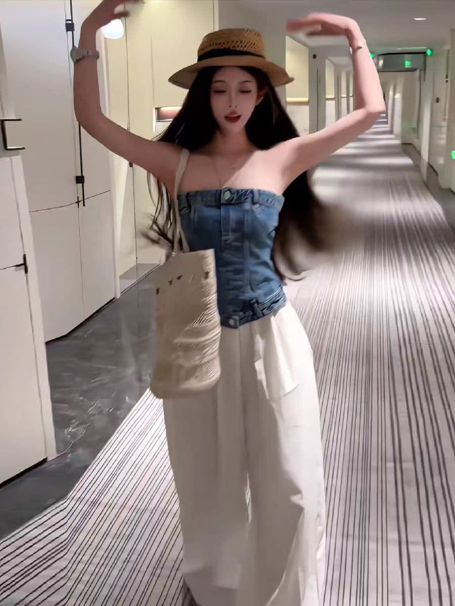 넓은 계속됨 핫걸 순수한 욕망 튜브탑 데님 캐미솔 여름 새로운 몸매 가꾸기 맨위 느긋한 캐주얼 바지 화이트 바지 이미지 2