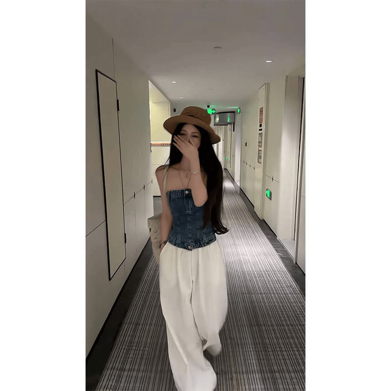 넓은 계속됨 핫걸 순수한 욕망 튜브탑 데님 캐미솔 여름 새로운 몸매 가꾸기 맨위 느긋한 캐주얼 바지 화이트 바지 이미지 4