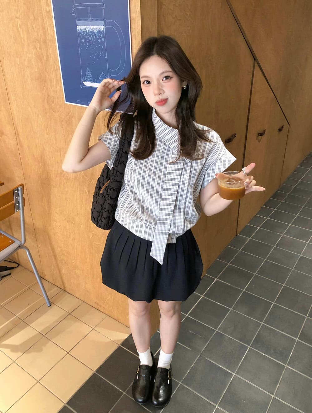 학원 스타일 한 부서 몸매 가꾸기 슬림해 보이는 체크무늬 리본 작은 날다 소매 셔츠 반 스커트 투피스 슈트