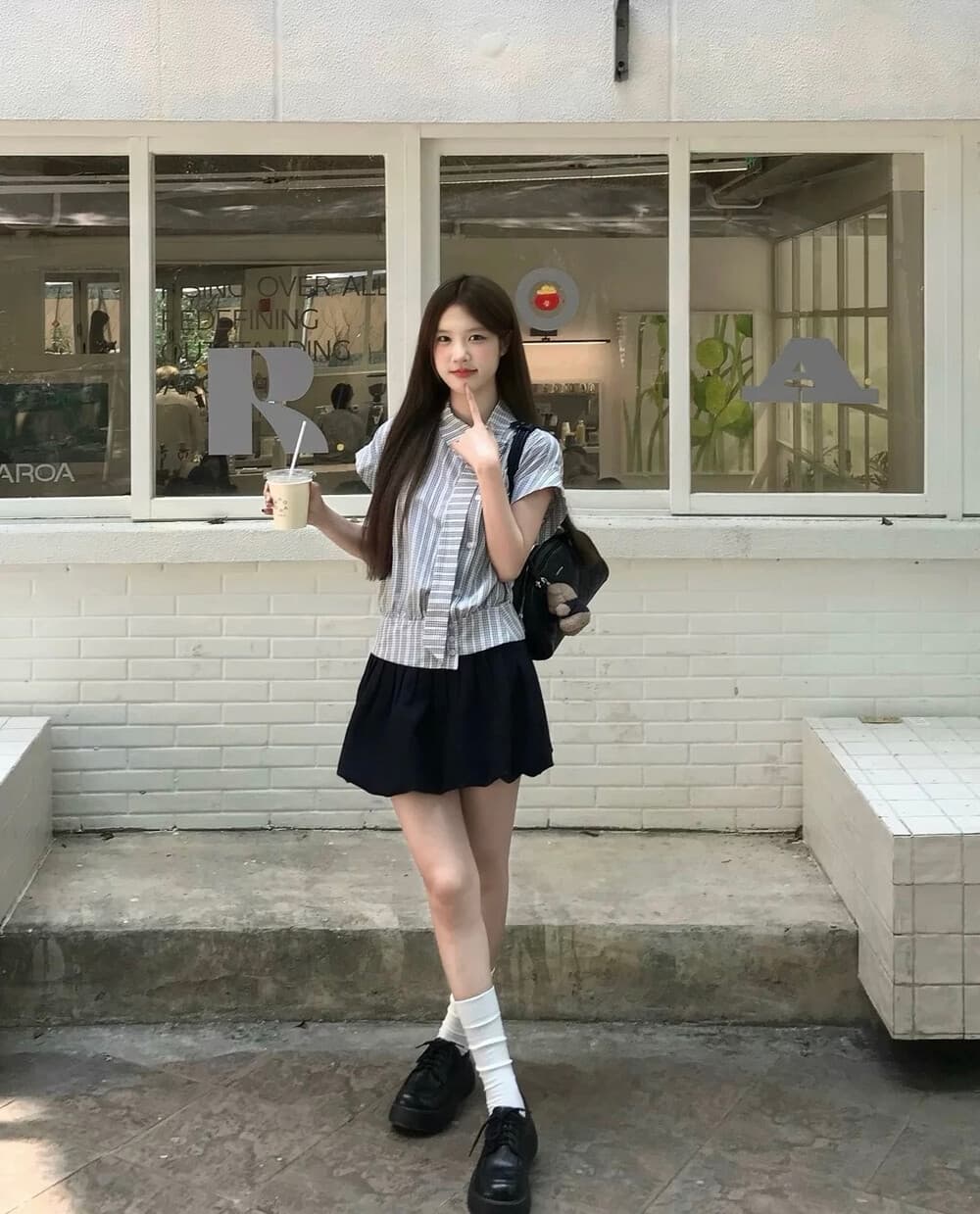 학원 스타일 한 부서 몸매 가꾸기 슬림해 보이는 체크무늬 리본 작은 날다 소매 셔츠 반 스커트 투피스 슈트 상세 이미지 9