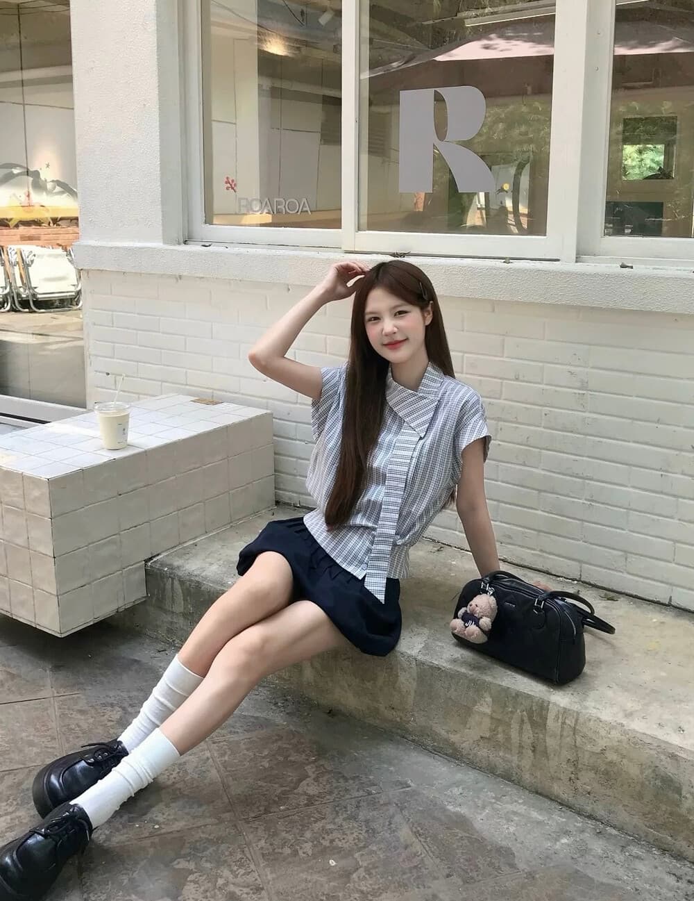 학원 스타일 한 부서 몸매 가꾸기 슬림해 보이는 체크무늬 리본 작은 날다 소매 셔츠 반 스커트 투피스 슈트 상세 이미지 10