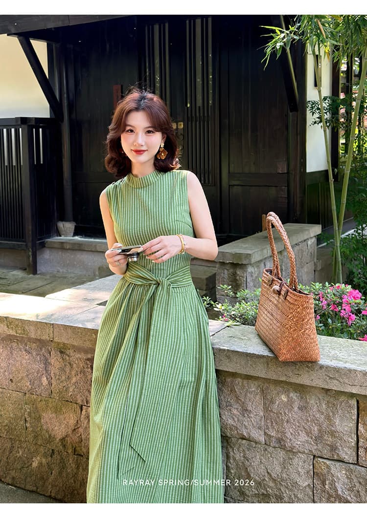 새싹 잘 생긴 녹색 레몬 푸른 잔디 신선함 스트라이프 민소매 여성 드레스 여름 허리 수축 레이스업 슬림해 보이는 출퇴근 롱 스커트 상세 이미지 8