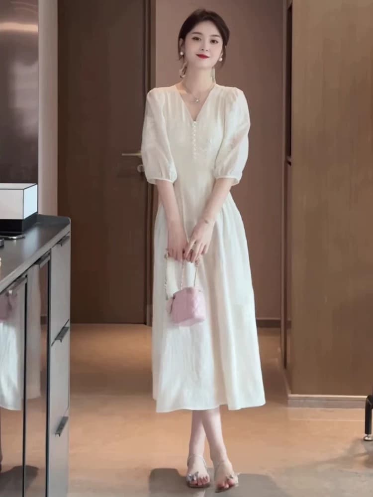 프랑스식 빛 요리 한 바람 화이트 여성 드레스 여름 새로운 패션 빅 사이즈 여성 의류 슈퍼 잘 생긴 연령 감소 품격 롱 스커트 상세 이미지 6