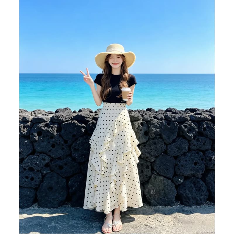 품격 출퇴근 바람 착용 가져 가라. 세트 여성 새로운 디자인 센스 작은 대중 반팔 맨위 가져 가라. 도트 무늬 반신 스커트 투피스 세트 이미지 5
