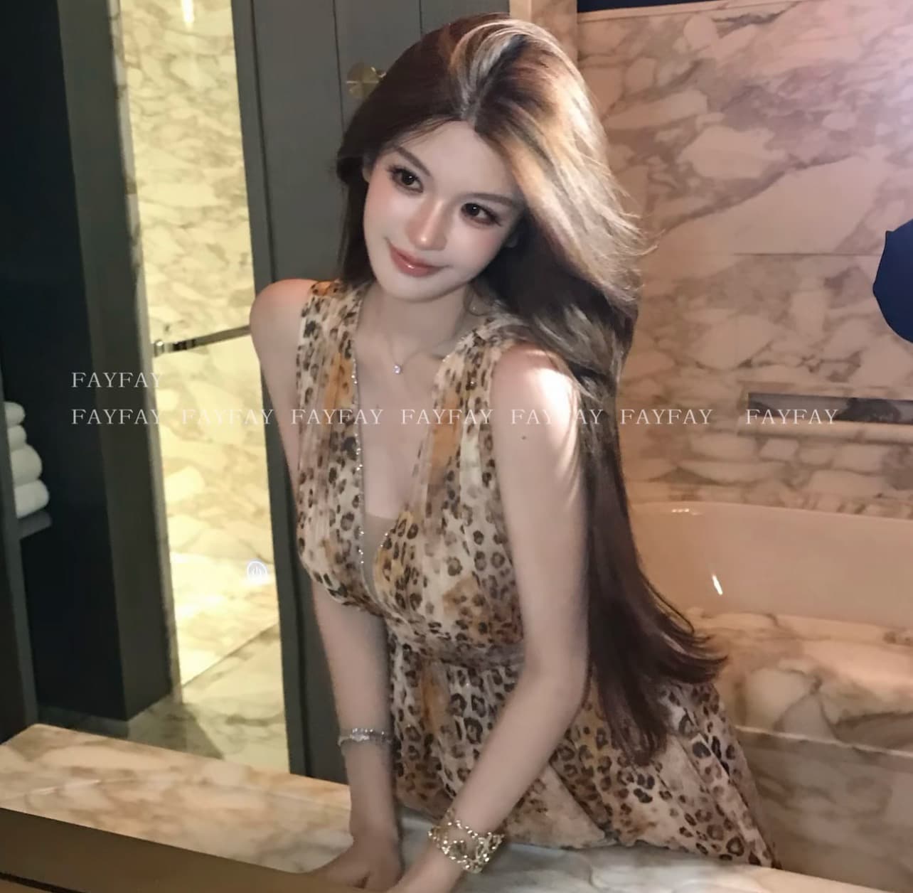 fay 판금 레오파드 무늬 순수한 욕망 섹시함 V넥 허리 수축 금사 슬림해 보이는 민소매 드레스 상세 이미지 1