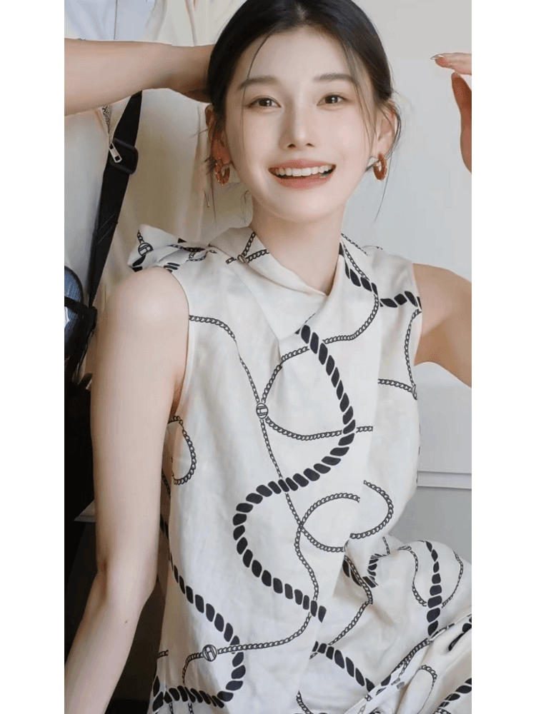 새로운 여름 품격 고급 센스 관대 한 점잖은 웨이브 놀이 작은 샤넬 스타일 쌀 살구 색상 프린트 셔츠 반바지 세트 이미지 3