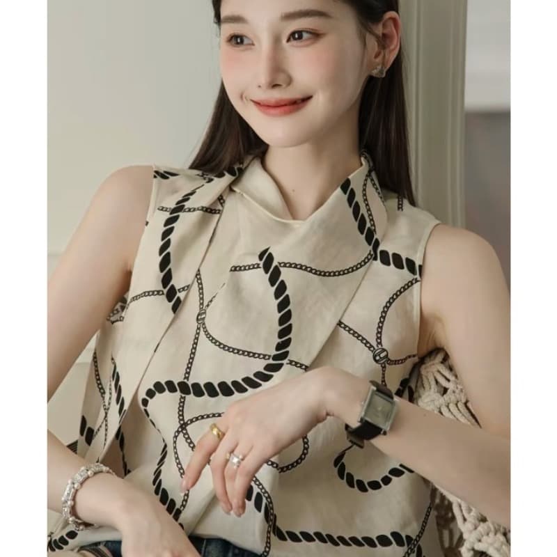 새로운 여름 품격 고급 센스 관대 한 점잖은 웨이브 놀이 작은 샤넬 스타일 쌀 살구 색상 프린트 셔츠 반바지 세트 상세 이미지 5
