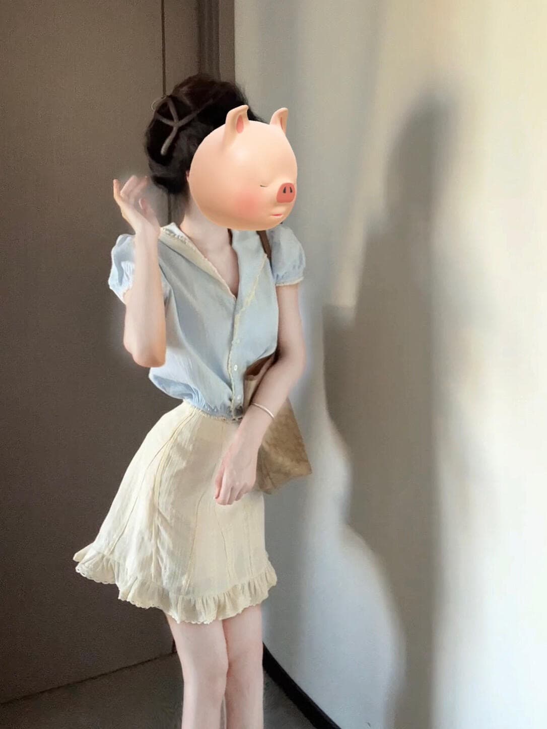 한 인사이드 한 가스 착용 가져 가라. 세트 여성 여름 파란색 해군 칼라 반팔 셔츠 레이스 레이스 반신 스커트 투피스 세트
