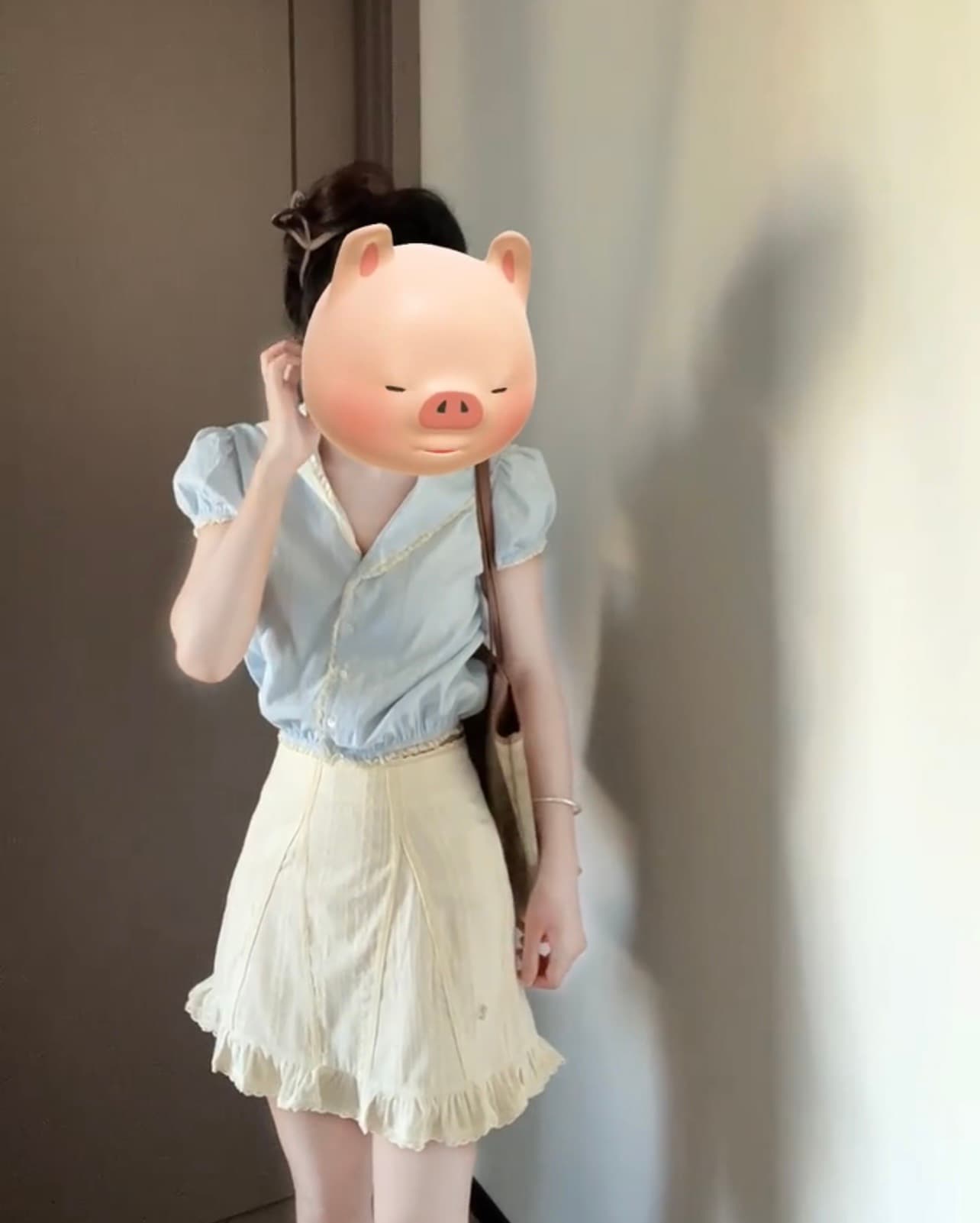 한 인사이드 한 가스 착용 가져 가라. 세트 여성 여름 파란색 해군 칼라 반팔 셔츠 레이스 레이스 반신 스커트 투피스 세트 상세 이미지 2