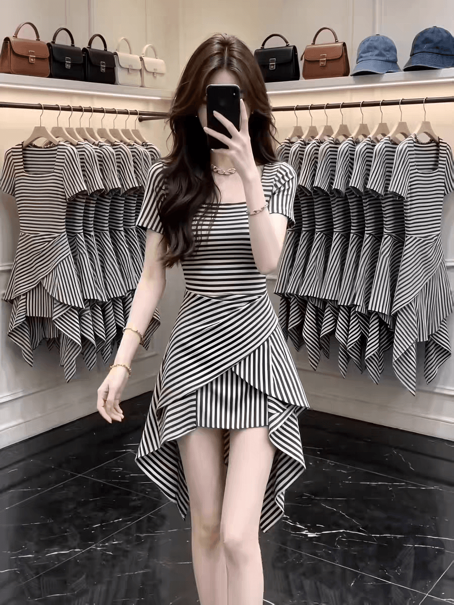 품격 스트라이프 불규칙 반팔 여성 드레스 여름 핫걸 디자인 센스 허리 수축 슬림해 보이는 광장 칼라 한 마디 미니 스커트 상세 이미지 3