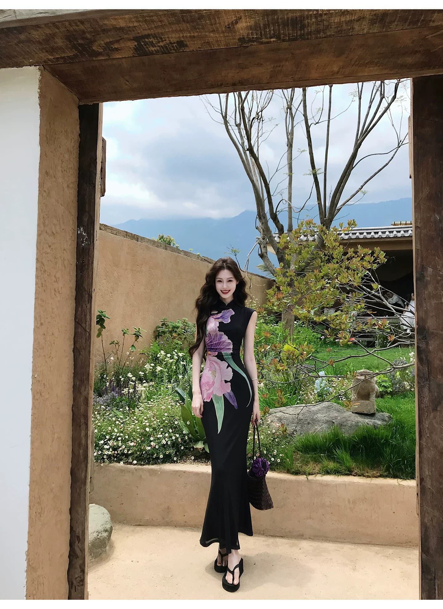 먹는다. 녹색 접시 연 보라색 레트로 새로운 중식 개선 치파오 여성 드레스 민소매 허리 수축 프린트 길다 치마 상세 이미지 6