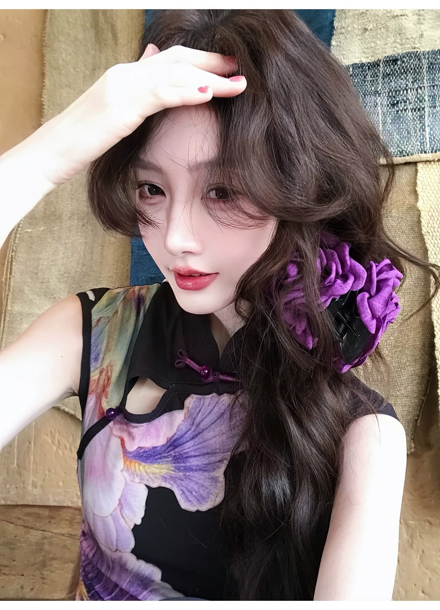 먹는다. 녹색 접시 연 보라색 레트로 새로운 중식 개선 치파오 여성 드레스 민소매 허리 수축 프린트 길다 치마 상세 이미지 8