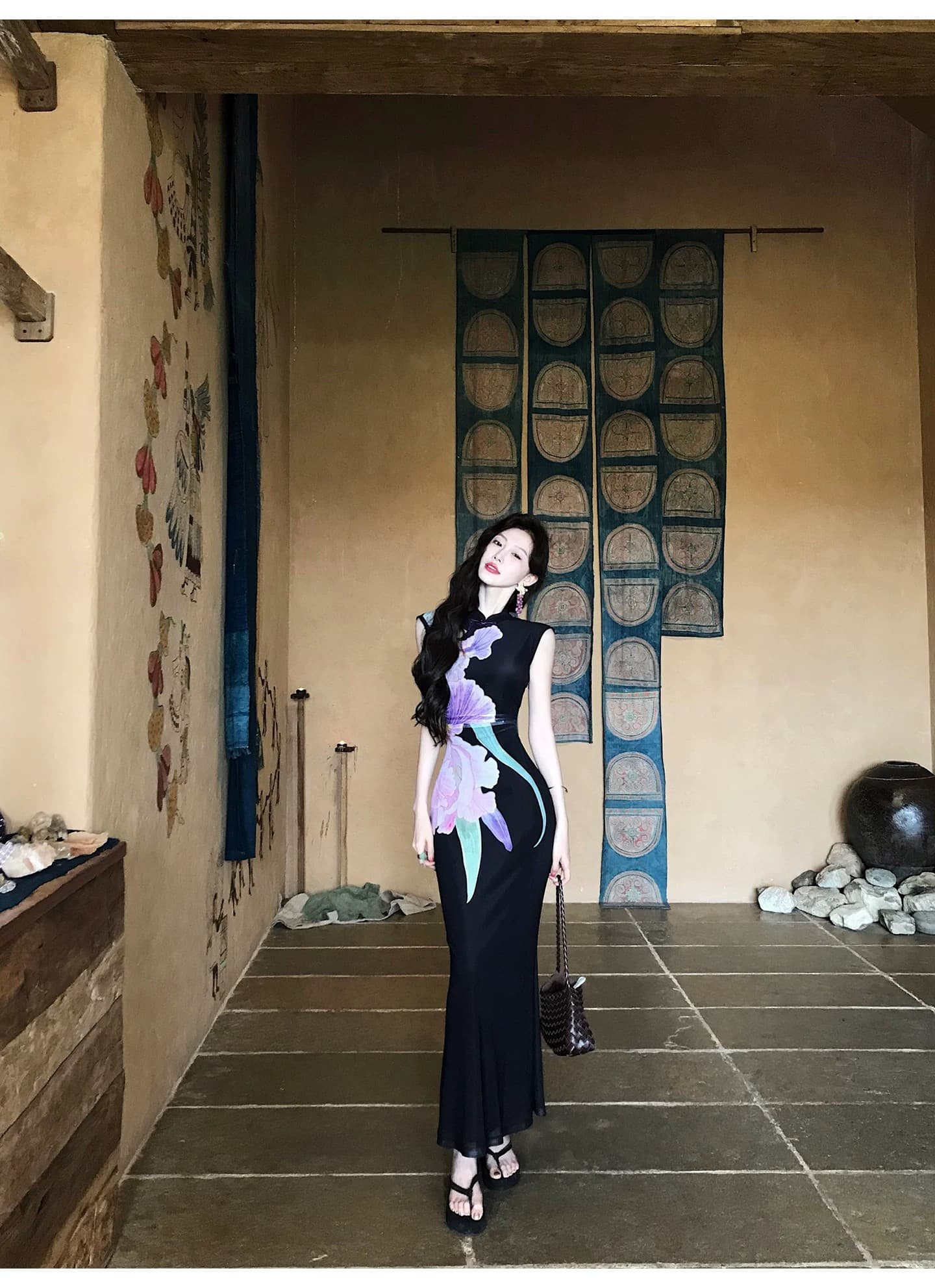 먹는다. 녹색 접시 연 보라색 레트로 새로운 중식 개선 치파오 여성 드레스 민소매 허리 수축 프린트 길다 치마 상세 이미지 19