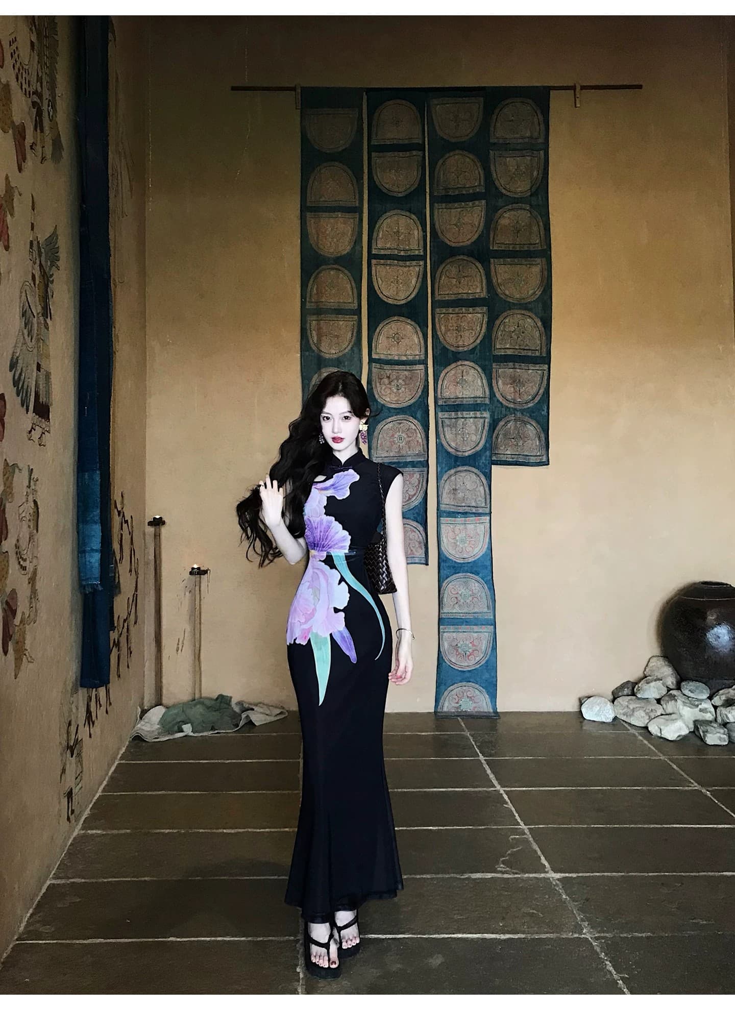 먹는다. 녹색 접시 연 보라색 레트로 새로운 중식 개선 치파오 여성 드레스 민소매 허리 수축 프린트 길다 치마 상세 이미지 20