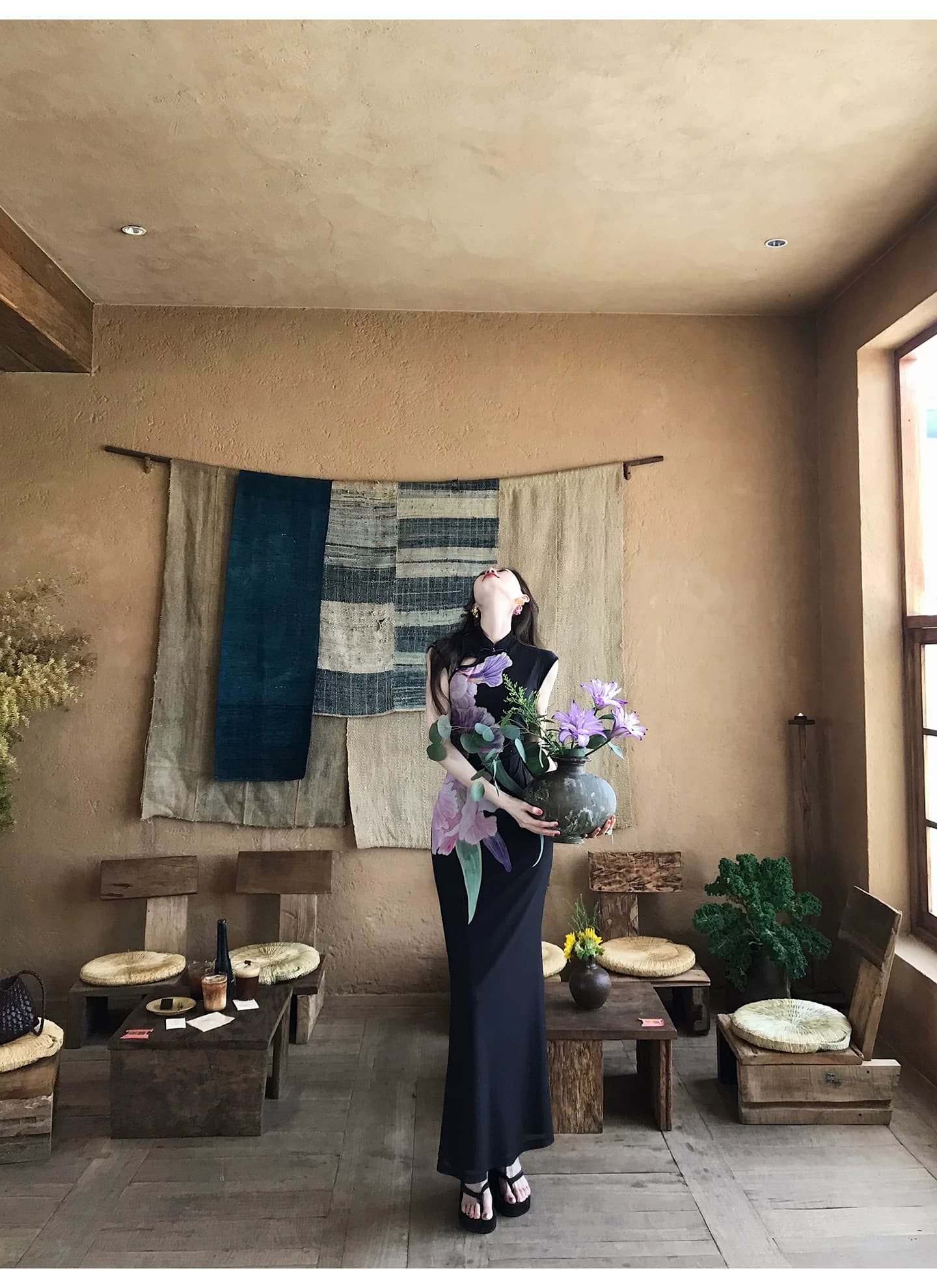 먹는다. 녹색 접시 연 보라색 레트로 새로운 중식 개선 치파오 여성 드레스 민소매 허리 수축 프린트 길다 치마 상세 이미지 22