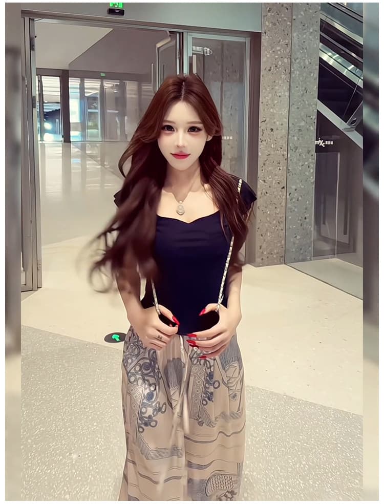 한 인사이드 한 가스 디자인 센스 Feifei 소매 몸매 가꾸기 티셔츠 맨위 프린트 캐주얼 루즈핏 와이드 레그 팬츠 여름 투피스 세트 상세 이미지 4