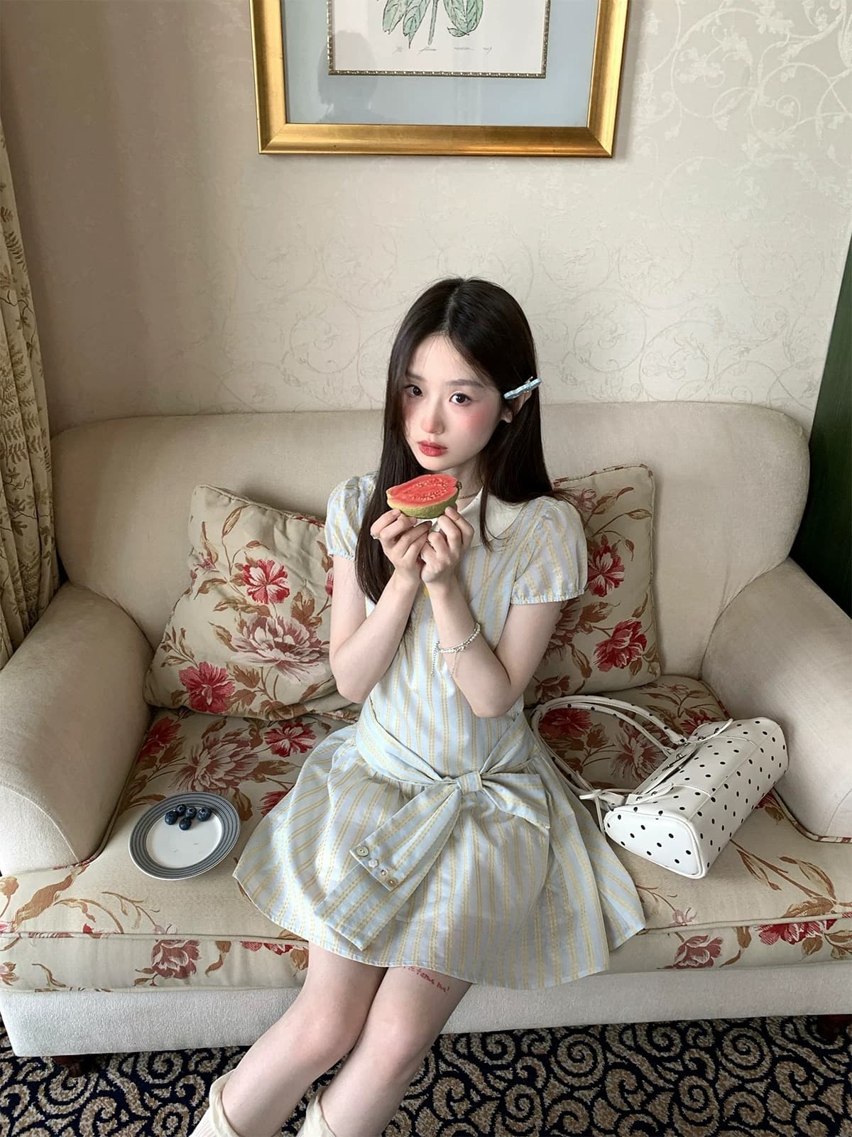 mucha 나무 차 박하 초안 프랑스식 달콤한 스타일 스트라이프 롱 스커트 여성 베이비 칼라 허리 수축 쇼트 스타일 드레스 이미지 2