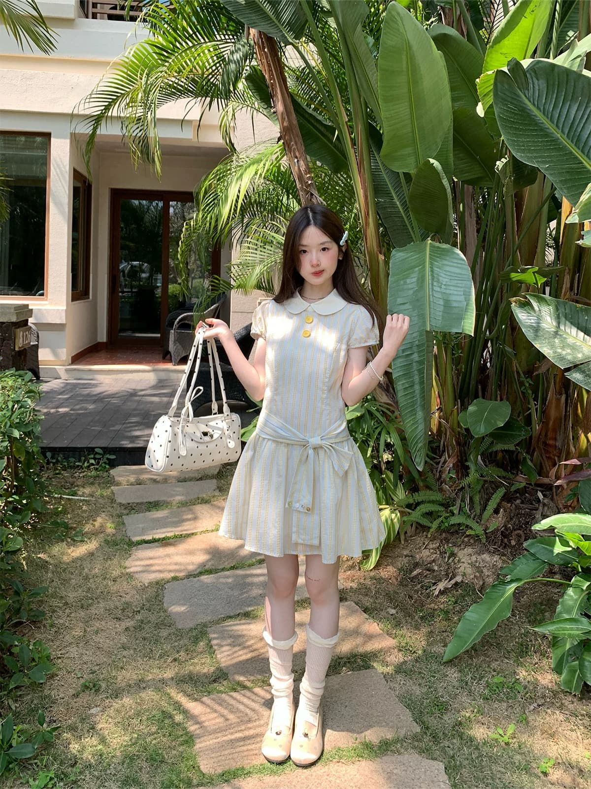mucha 나무 차 박하 초안 프랑스식 달콤한 스타일 스트라이프 롱 스커트 여성 베이비 칼라 허리 수축 쇼트 스타일 드레스 상세 이미지 2