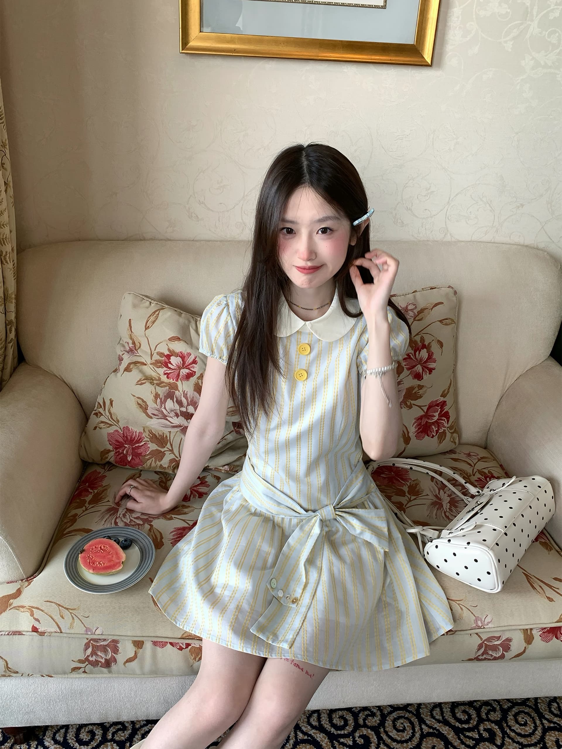mucha 나무 차 박하 초안 프랑스식 달콤한 스타일 스트라이프 롱 스커트 여성 베이비 칼라 허리 수축 쇼트 스타일 드레스 상세 이미지 4