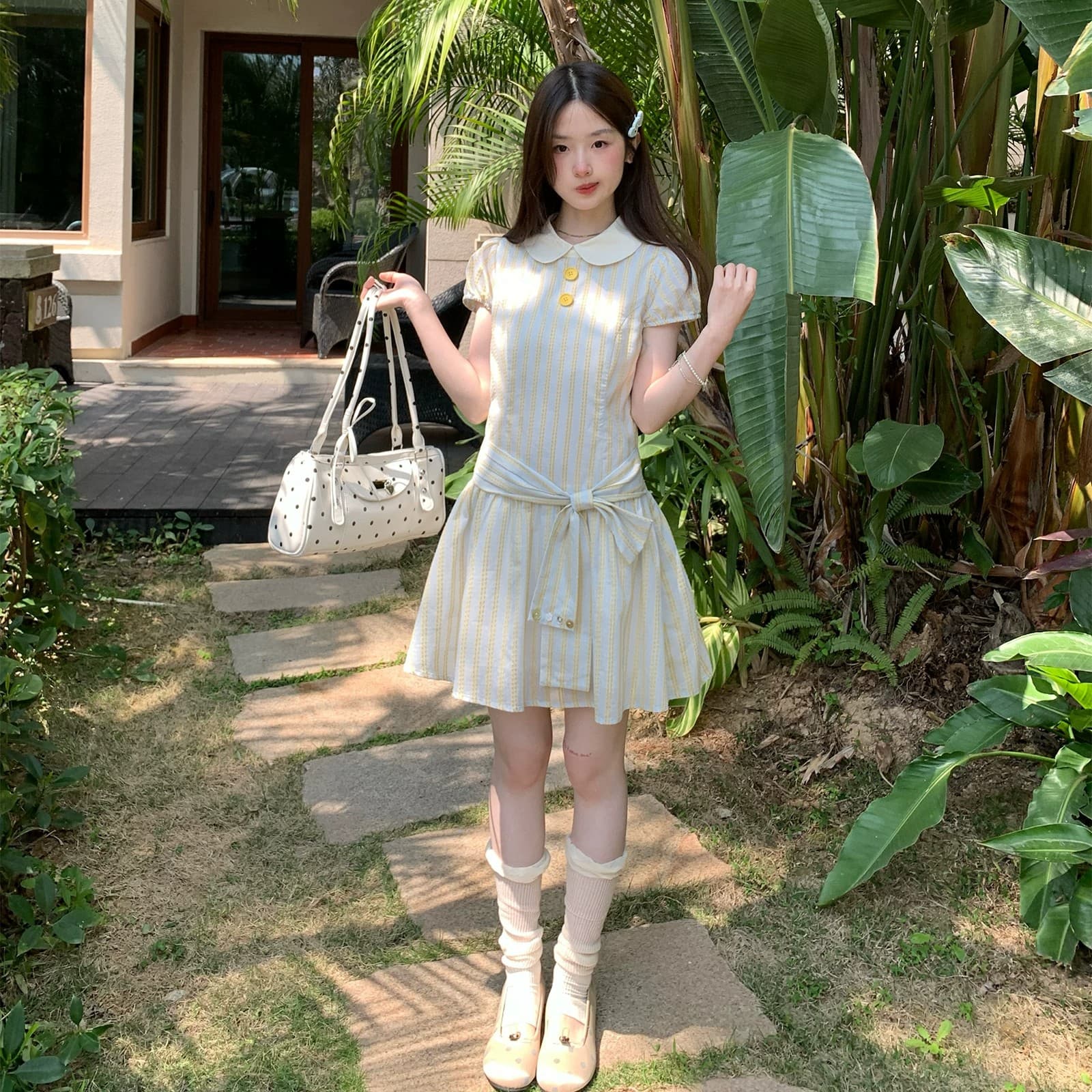 mucha 나무 차 박하 초안 프랑스식 달콤한 스타일 스트라이프 롱 스커트 여성 베이비 칼라 허리 수축 쇼트 스타일 드레스 상세 이미지 6