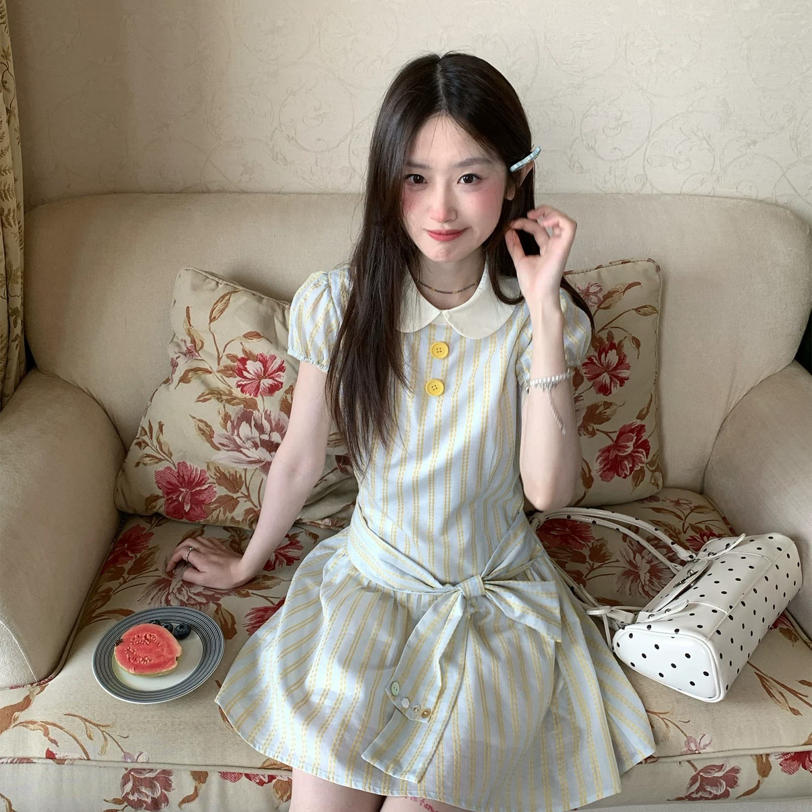 mucha 나무 차 박하 초안 프랑스식 달콤한 스타일 스트라이프 롱 스커트 여성 베이비 칼라 허리 수축 쇼트 스타일 드레스 상세 이미지 7