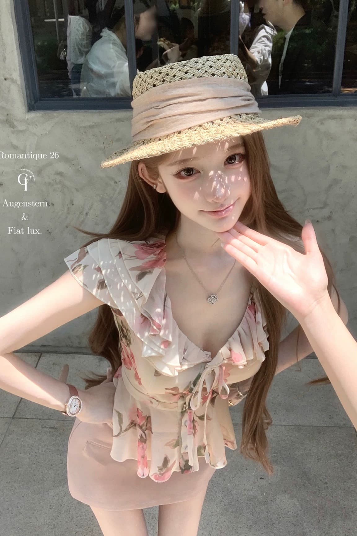 늦게 우산 우산 26 ss 사쿠라 음 나이 나이 분말 장미 꽃무늬 프릴 셔츠 분말 스웨이드 반 스커트 이미지 5