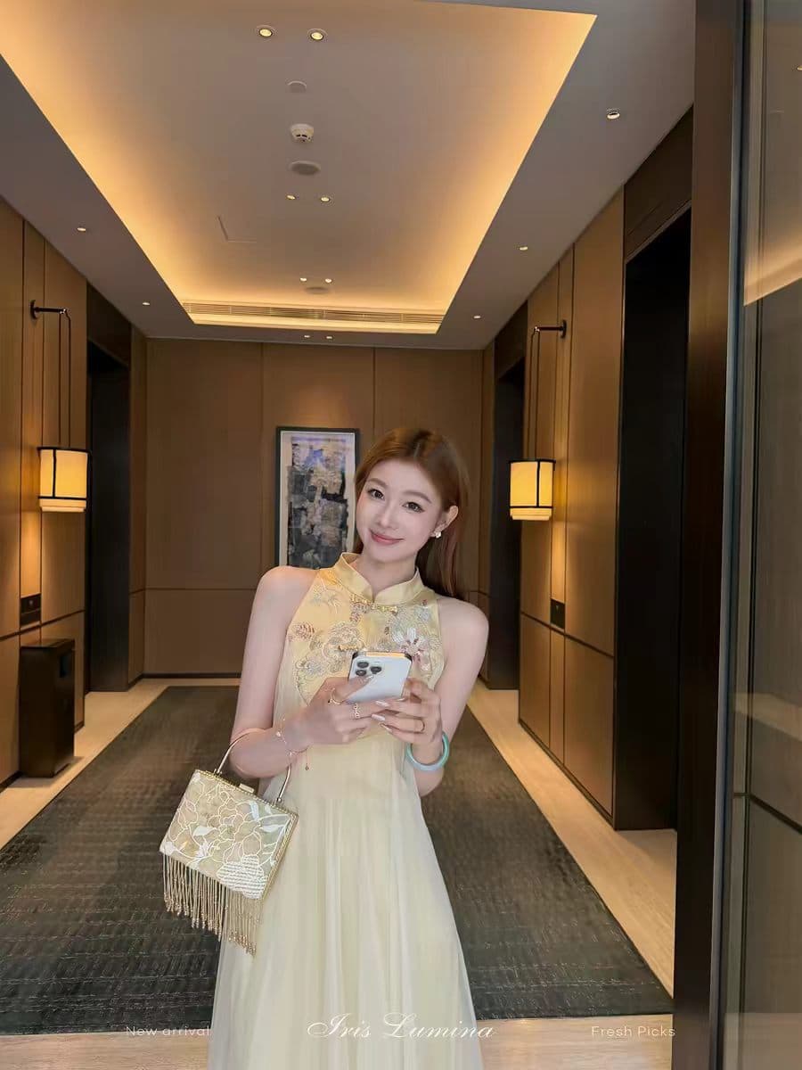 iris lumina 예약하기 어둡고 조용한 흔들어서 새로운 중식 국풍 자수 드레스 여름 백리스 망사 롱 스커트 이미지 2