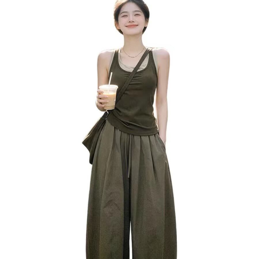 자이언트 잘 생긴 ootd 착용 가져 가라. 전체 집합 2026 새로운 페이크 레이어드 캐미솔 여름 와이드 레그 팬츠 어린이 세트 이미지 5