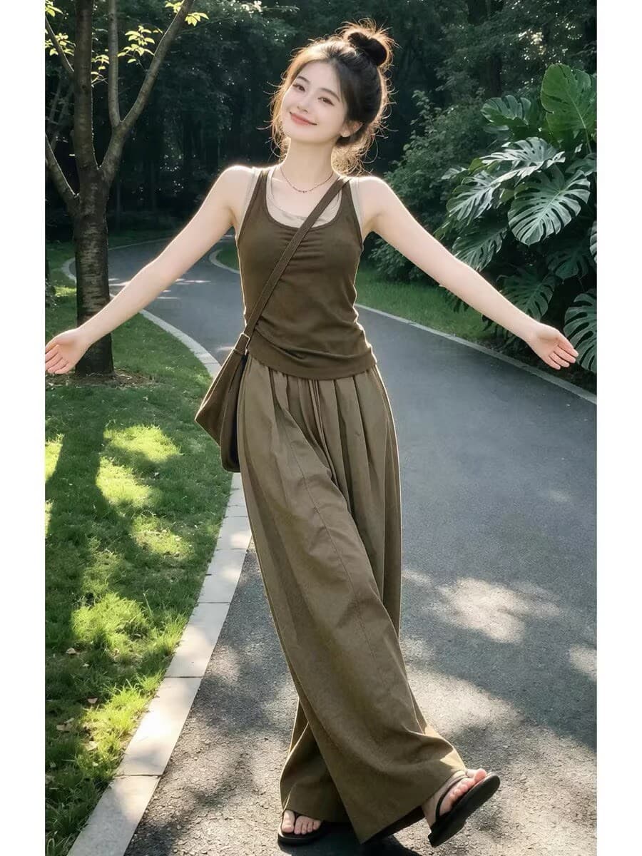 자이언트 잘 생긴 ootd 착용 가져 가라. 전체 집합 2026 새로운 페이크 레이어드 캐미솔 여름 와이드 레그 팬츠 어린이 세트 상세 이미지 5
