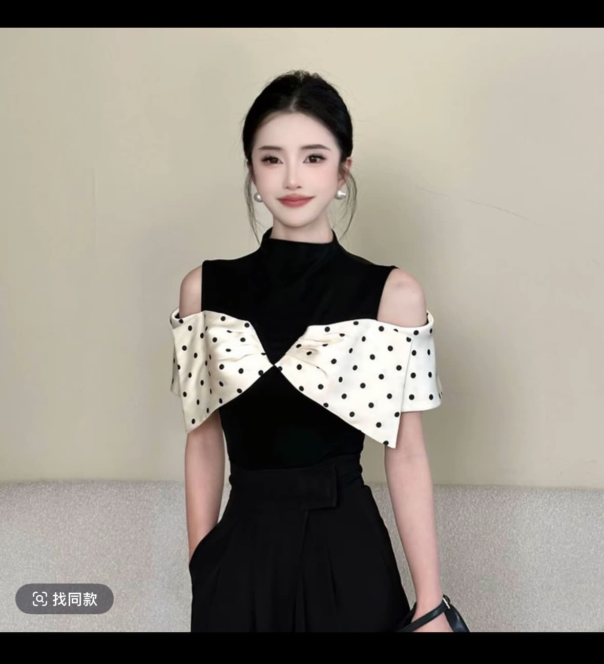 도트 무늬 패치워크 색상 오프숄더 티셔츠 여성 새로운 기본 셔츠 맨위 세트 이미지 2