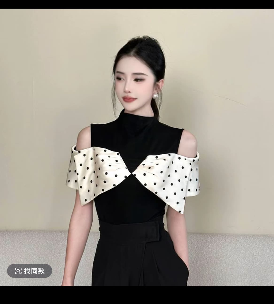 도트 무늬 패치워크 색상 오프숄더 티셔츠 여성 새로운 기본 셔츠 맨위 세트 이미지 3