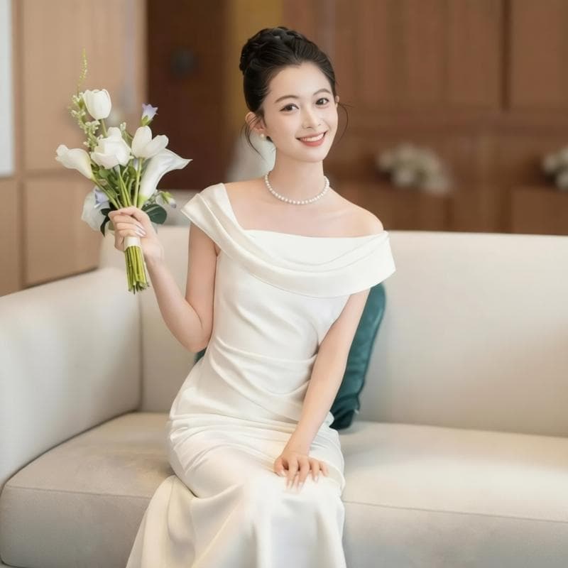 프랑스식 사회자 비스듬한 어깨 오프숄더 화이트 예복 생일 연례 회의 참여 드레스 아침 로브 라이센스 샤오 바이 치마 이미지 2