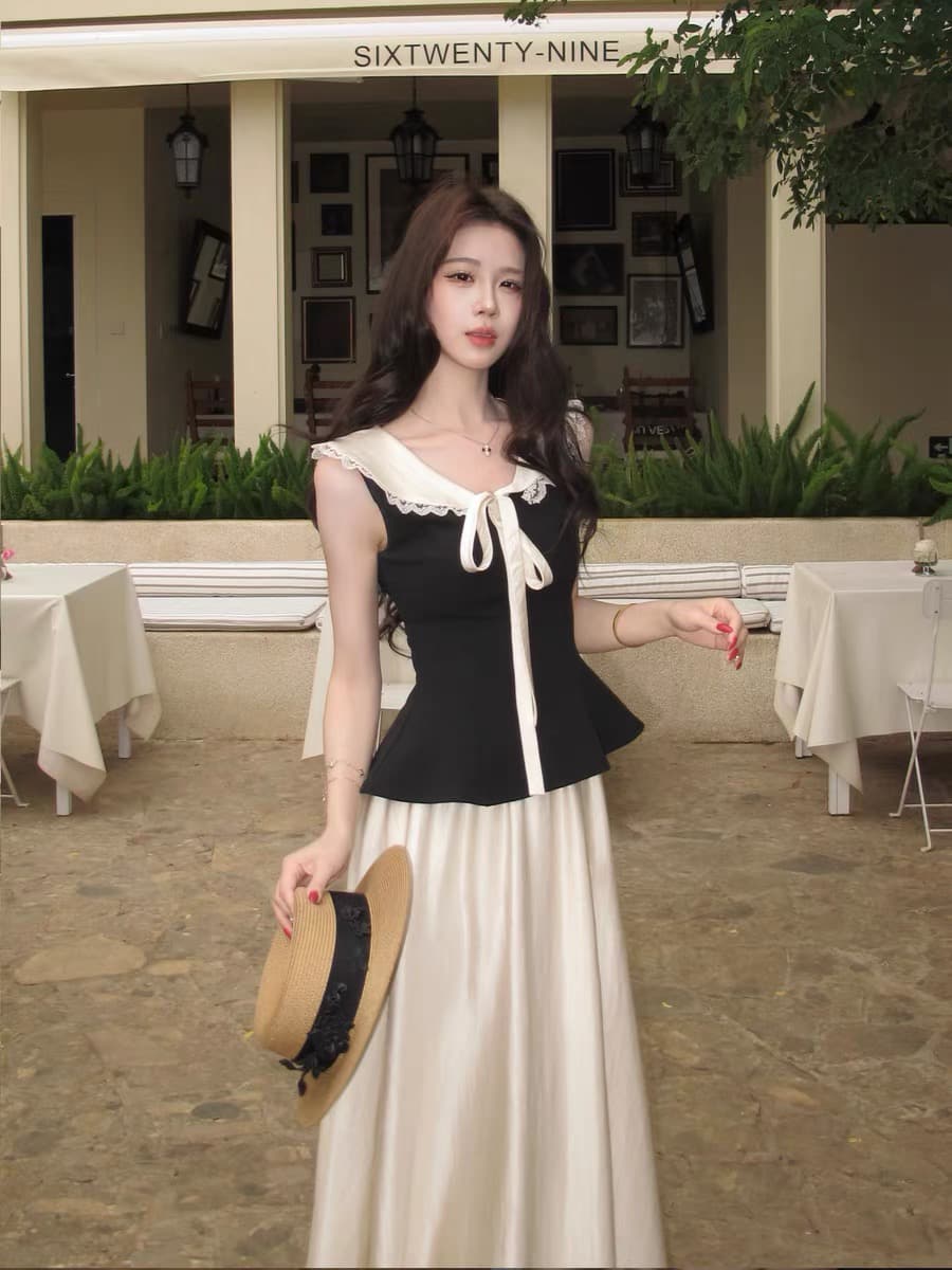 무쯔리 목자이 ~ 중 리 청 부드러운 矜 물론 프랑스식 레트로 스타일 레이스 레이스 배색 허리 수축 맨위 반신 치마 세트 상세 이미지 2