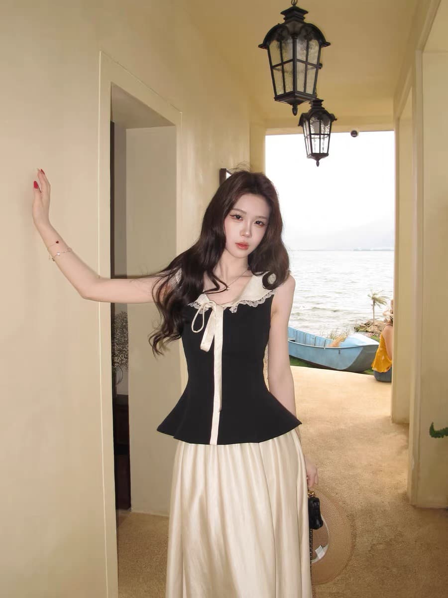 무쯔리 목자이 ~ 중 리 청 부드러운 矜 물론 프랑스식 레트로 스타일 레이스 레이스 배색 허리 수축 맨위 반신 치마 세트 상세 이미지 4