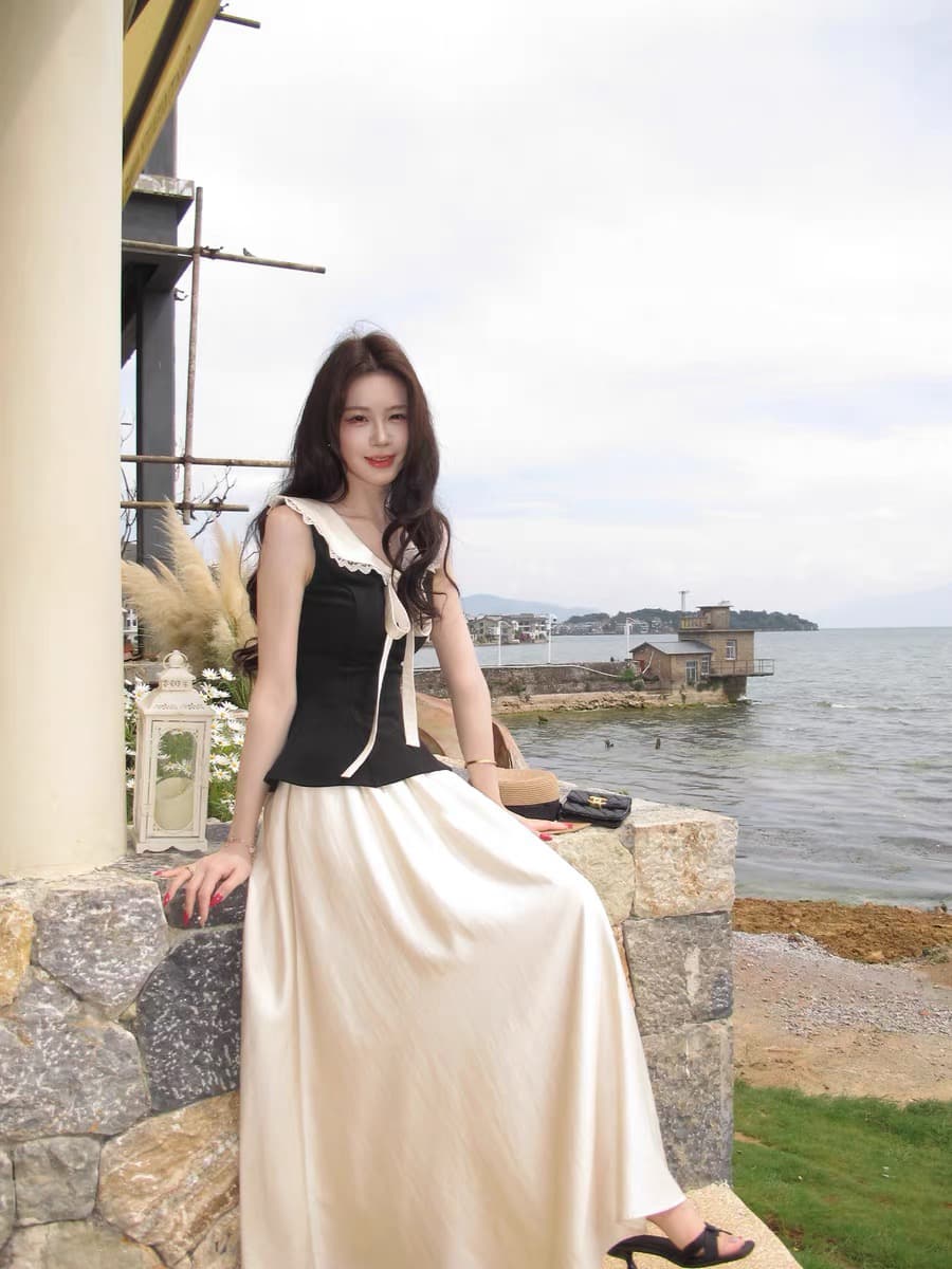 무쯔리 목자이 ~ 중 리 청 부드러운 矜 물론 프랑스식 레트로 스타일 레이스 레이스 배색 허리 수축 맨위 반신 치마 세트 상세 이미지 5