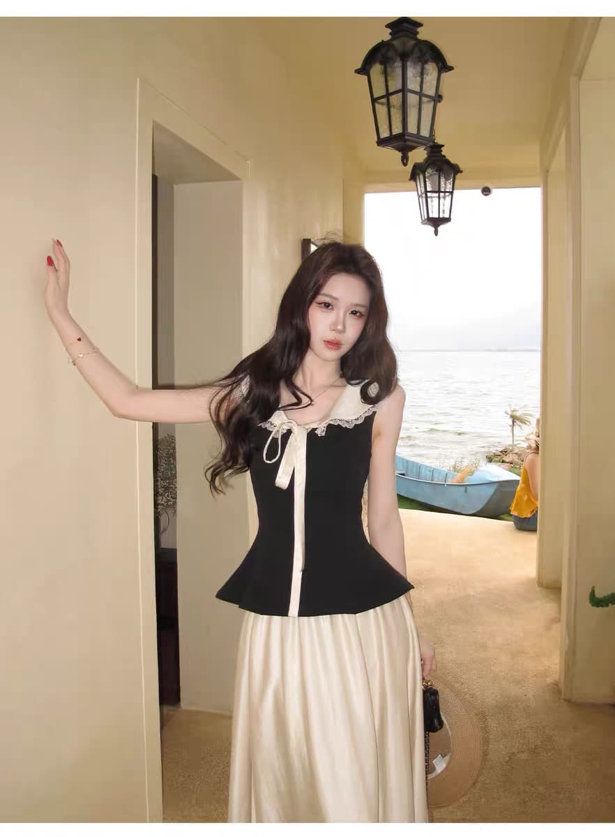 무쯔리 목자이 ~ 중 리 청 부드러운 矜 물론 프랑스식 레트로 스타일 레이스 레이스 배색 허리 수축 맨위 반신 치마 세트 상세 이미지 6