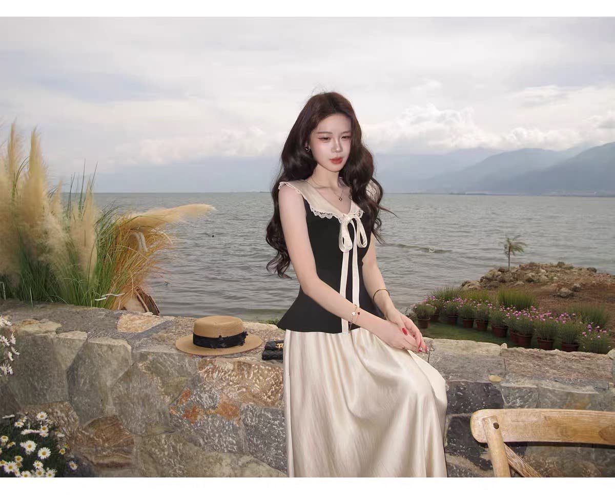 무쯔리 목자이 ~ 중 리 청 부드러운 矜 물론 프랑스식 레트로 스타일 레이스 레이스 배색 허리 수축 맨위 반신 치마 세트 상세 이미지 10