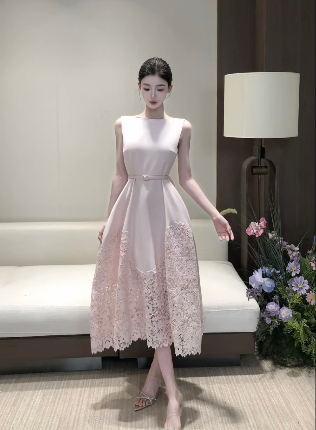 봄날 사역 레이스 꿈 나라 프랑스식 순수한 욕망 바람 허리 수축 민소매 드레스 상세 이미지 3