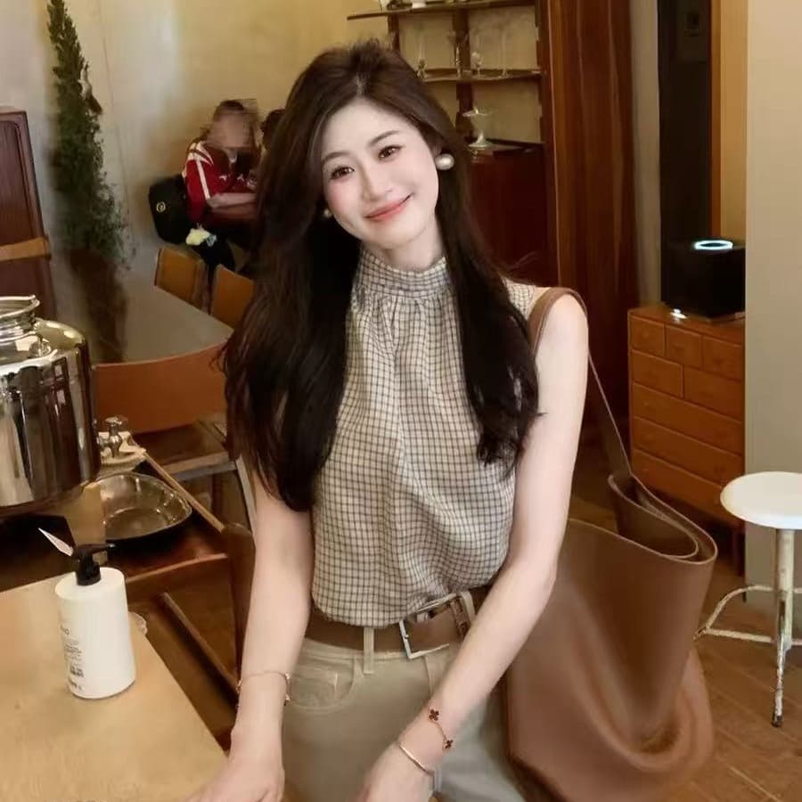 echoone 환영합니다. 여름 면 린넨 체크무늬 품격 둘 착용 리본 셔츠 여성 고급 품격 조끼 민소매 맨위 이미지 4