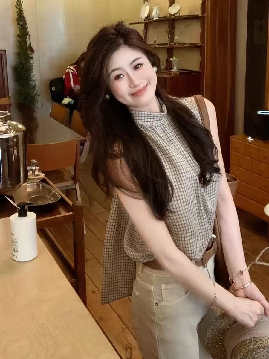 echoone 환영합니다. 여름 면 린넨 체크무늬 품격 둘 착용 리본 셔츠 여성 고급 품격 조끼 민소매 맨위 상세 이미지 1