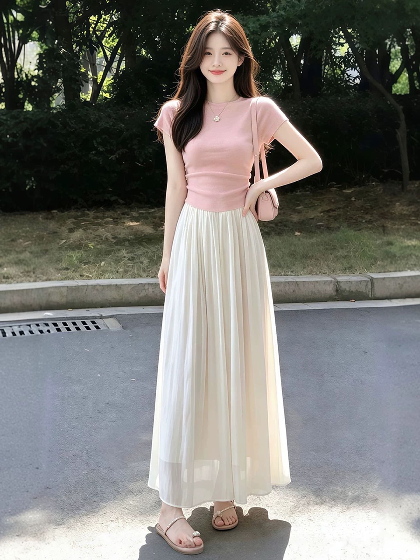 핑크색 펌프 Pleat 허리 수축 라운드 넥 반팔 티셔츠 여성 2026 여름 프랑스식 빛 사람들 코치 착용 가져 가라. 부드러운 바람 맨위