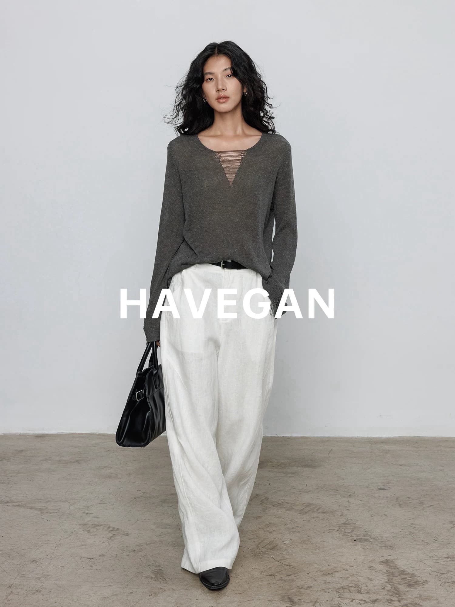 와 객실 havegan 봄 V넥 주간 실크 아마 긴팔 디자인 센스 니트 스웨터 여성 루즈핏 오래된 돈 바람 맨위 상세 이미지 5